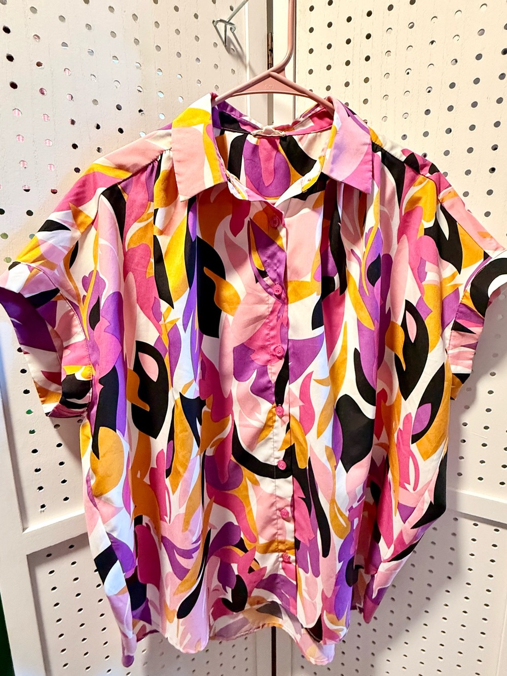 Jodifl Abstract Retro Groovy Button Down Top M Vibrant Pink Orange Cuffed Shirt